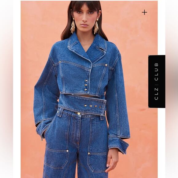 cult gaia georgia blue cut out lapel denim cotton jean jacket coat size large - Picture 3 of 11